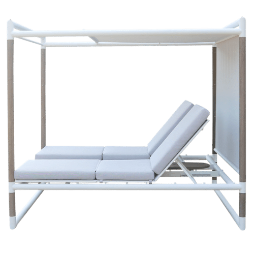 kiosque lounge BASTINGAGE aluminium blanc teck Duratek toile Ateja blanc chiné