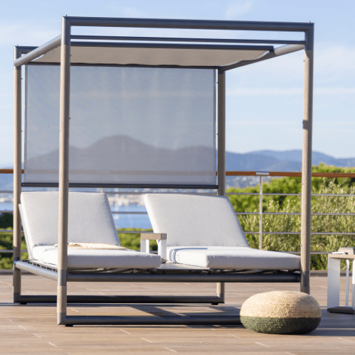 kiosque lounge BASTINGAGE aluminium gris espace teck Duratek toile Ateja gris clair