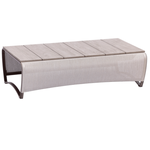 table basse JET STREAM aluminium corten toile mocha chiné teck Duratek