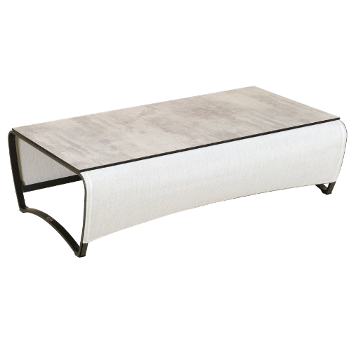 table basse JET STREAM aluminium gris espace batyline Eden blanc chiné HPL béton ciré