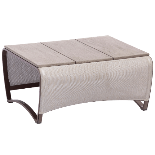 table basse JET STREAM aluminium corten toile mocha chiné teck Duratek