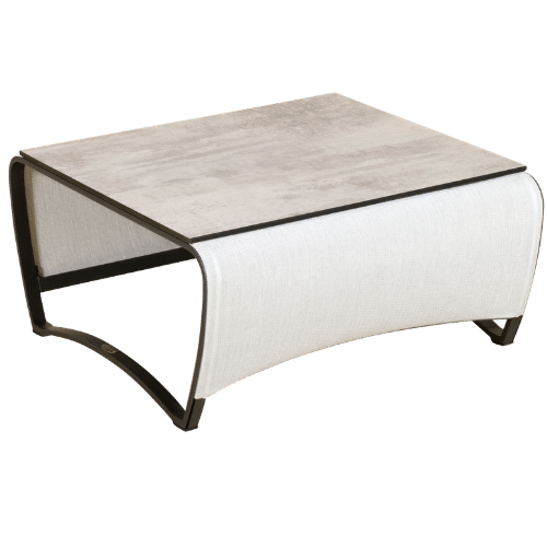 table basse JET STREAM aluminium gris espace batyline Eden blanc chiné HPL béton ciré