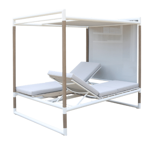 kiosque lounge BASTINGAGE aluminium blanc teck Duratek toile Ateja blanc chiné